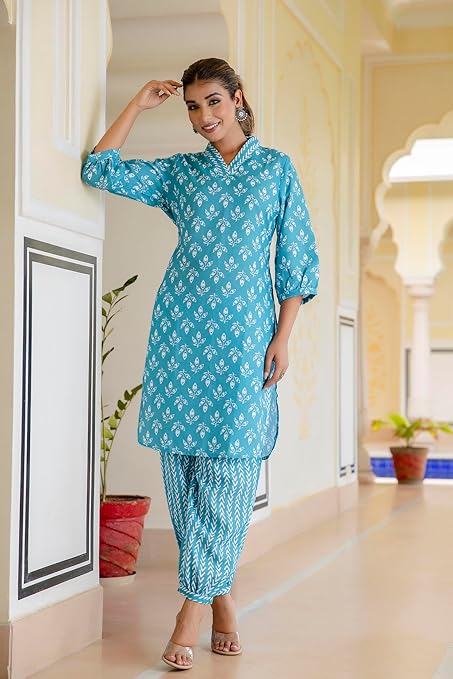 LookMark Women's Trendy Printed Cotton Blend Straight White Color Kurta and Afghani Pant Set