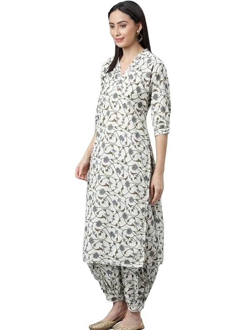 LookMark Women's Trendy Printed Cotton Blend Straight White Color Kurta and Afghani Pant Set