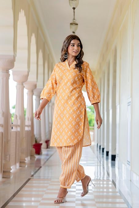LookMark Women's Trendy Printed Cotton Blend Straight White Color Kurta and Afghani Pant Set