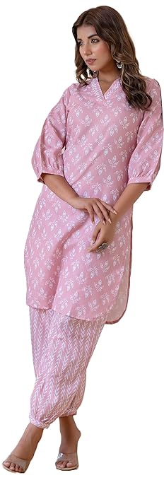 LookMark Women's Trendy Printed Cotton Blend Straight White Color Kurta and Afghani Pant Set