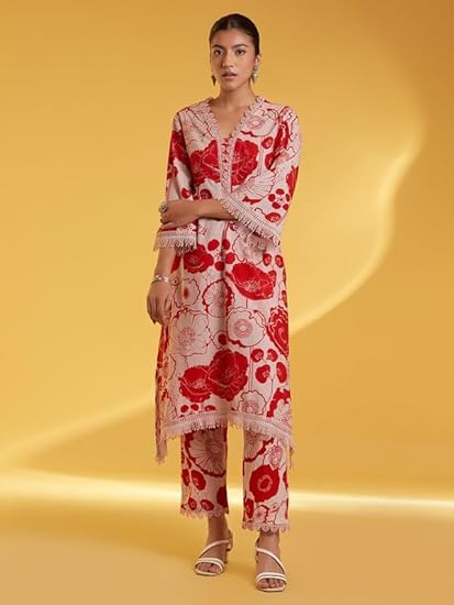 LookMark Women's Printed Cotton Blend Straight Kurta Pant Set with Lace - Comfortable Ethnic Wear for Women, Elegant Design, Suitable for Various Occasions