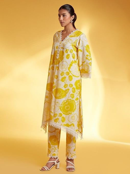 LookMark Women's Printed Cotton Blend Straight Kurta Pant Set with Lace - Comfortable Ethnic Wear for Women, Elegant Design, Suitable for Various Occasions