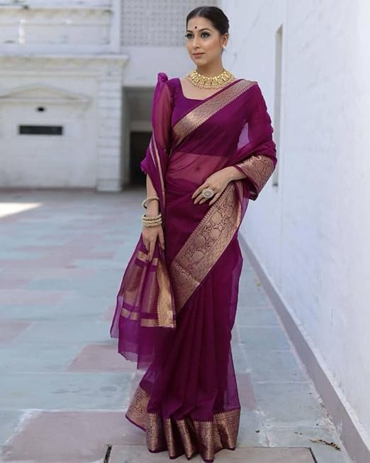 Yashika Women's Organza Saree with Floral Woven Border and Unstitched Blouse Material