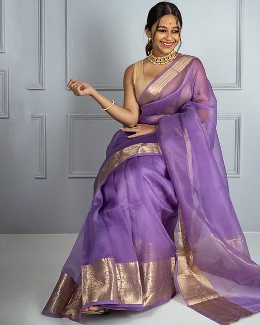 Yashika Women's Organza Saree with Floral Woven Border and Unstitched Blouse Material