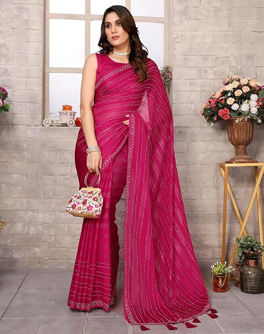 Yashika Women's Woven Chiffon Latest Black Rangoli Fabric Saree with Lace and Blouse Material