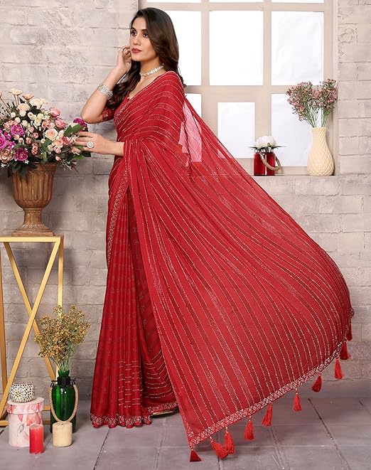 Yashika Women's Woven Chiffon Latest Black Rangoli Fabric Saree with Lace and Blouse Material