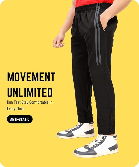 SWADESI STUFF Dry Fit Men's Black Joggers with Side Stripes Athletic Track Pant with Zipper Pockets