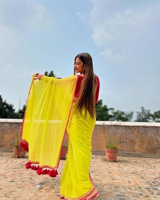 SWADESI STUFF Georgette Saree with Latkan Work, Satin Blouse, Yellow and Pink