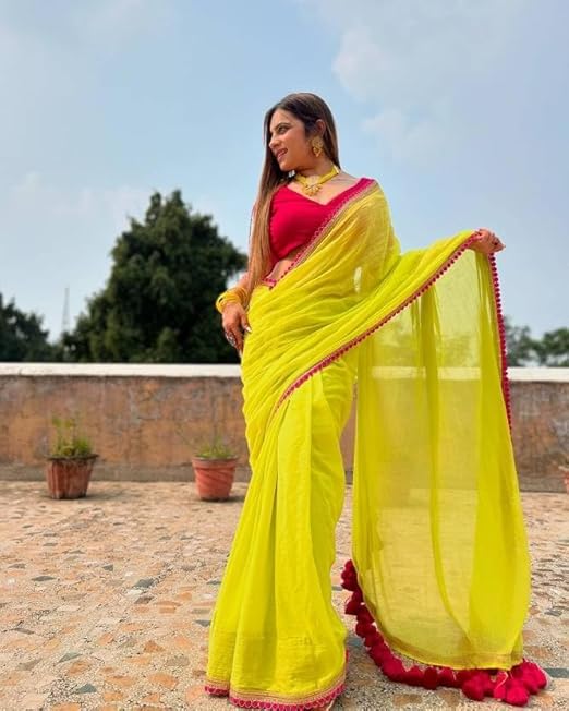 SWADESI STUFF Georgette Saree with Latkan Work, Satin Blouse, Yellow and Pink