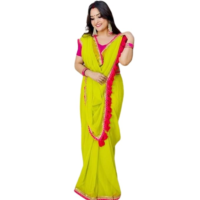 SWADESI STUFF Georgette Saree with Latkan Work, Satin Blouse, Yellow and Pink