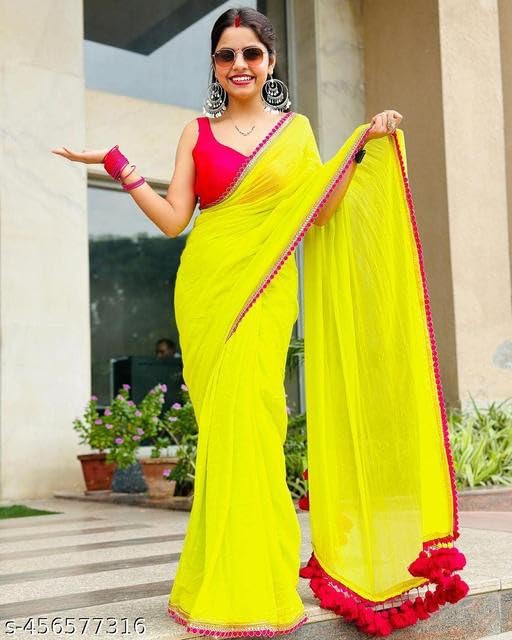 SWADESI STUFF Georgette Saree with Latkan Work, Satin Blouse, Yellow and Pink