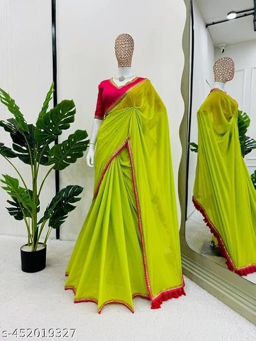 SWADESI STUFF Georgette Saree with Latkan Work, Satin Blouse, Yellow and Pink