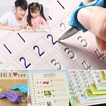 NEW QOZWEID Magic Calligraphy, Preschool workbook, Numbers & English & Drawing & Mathematics Auto Fade Pen & 4 Books - 10 Refill 1 Grip 1 pen new
