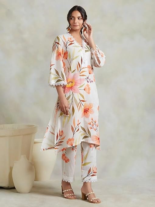 Yashika Women's 3/4 Sleeve Floral Printed Kurti Pant Set, Cotton Blend, Knee Length, Stylish Ethnic Outfit, Office, and Casual Occasions
