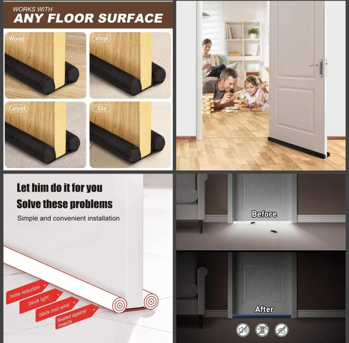 TEKCOOL 39Inch Door Bottom Gap Filler Strip, Stop Outside Dust, Hot Air, Insects, Water, Use in Wooden, Steel, Fiber, Plastic Doors 20mm Thickness Black Pack of 3