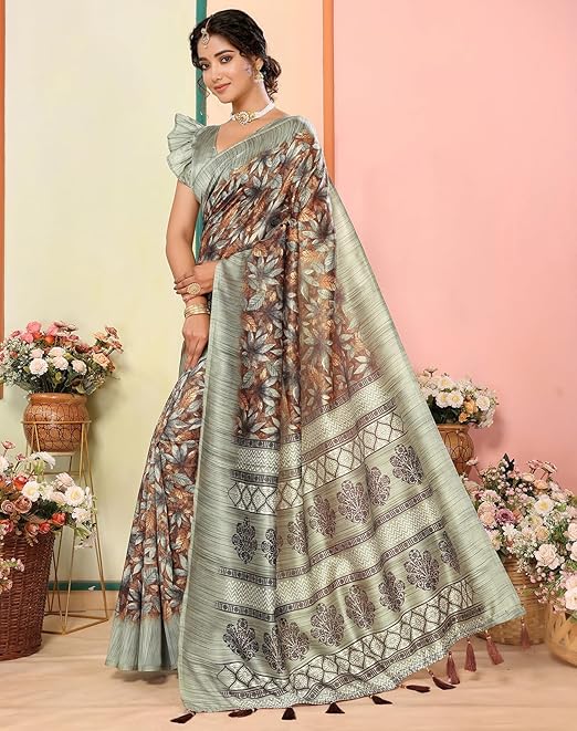 Yashika Women's Art Silk Saree Printed Saree with Tassels Unstitched Blouse Material Stylish Saree Party Wear Saree Casual Wear Saree Traditional Saree Trendy Saree