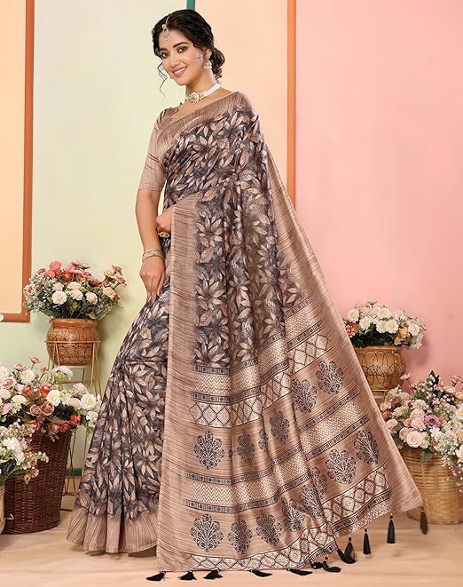 Yashika Women's Art Silk Saree Printed Saree with Tassels Unstitched Blouse Material Stylish Saree Party Wear Saree Casual Wear Saree Traditional Saree Trendy Saree