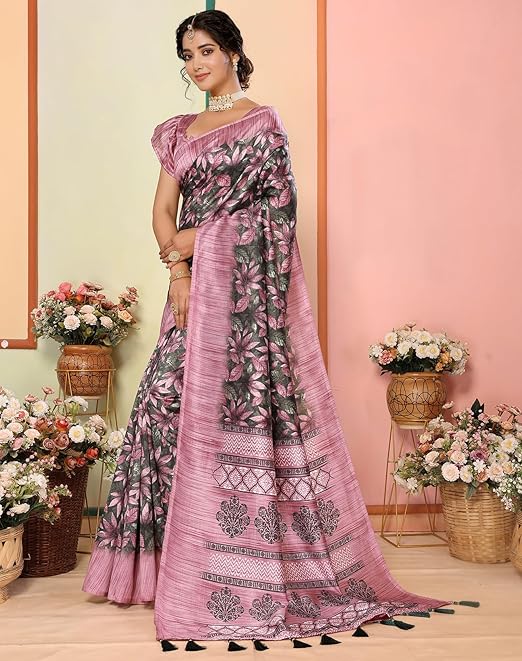 Yashika Women's Art Silk Saree Printed Saree with Tassels Unstitched Blouse Material Stylish Saree Party Wear Saree Casual Wear Saree Traditional Saree Trendy Saree