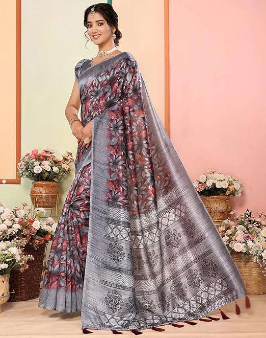 Yashika Women's Art Silk Saree Printed Saree with Tassels Unstitched Blouse Material Stylish Saree Party Wear Saree Casual Wear Saree Traditional Saree Trendy Saree