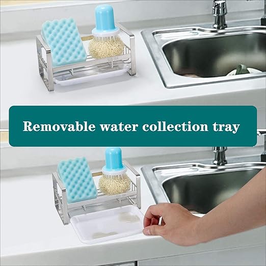 Zollyss Sponge Holder For Kitchen Sink Caddy Organizer Countertops And Walls Soap Tray Dish Drainer With Detachable Dish Drainer Tray(Stainless Steel, Silver)