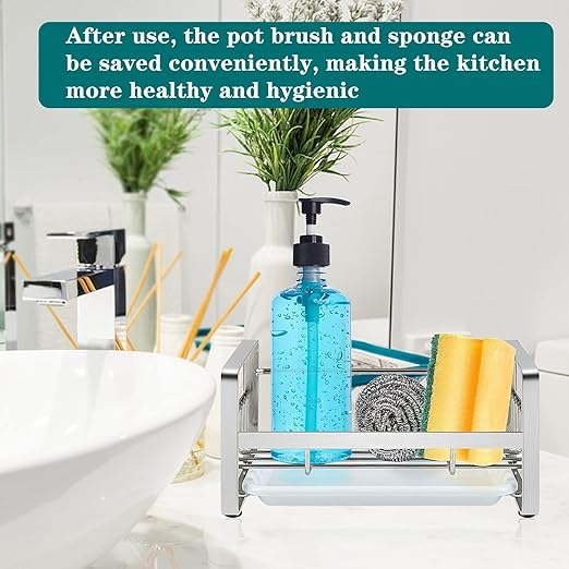 Zollyss Sponge Holder For Kitchen Sink Caddy Organizer Countertops And Walls Soap Tray Dish Drainer With Detachable Dish Drainer Tray(Stainless Steel, Silver)