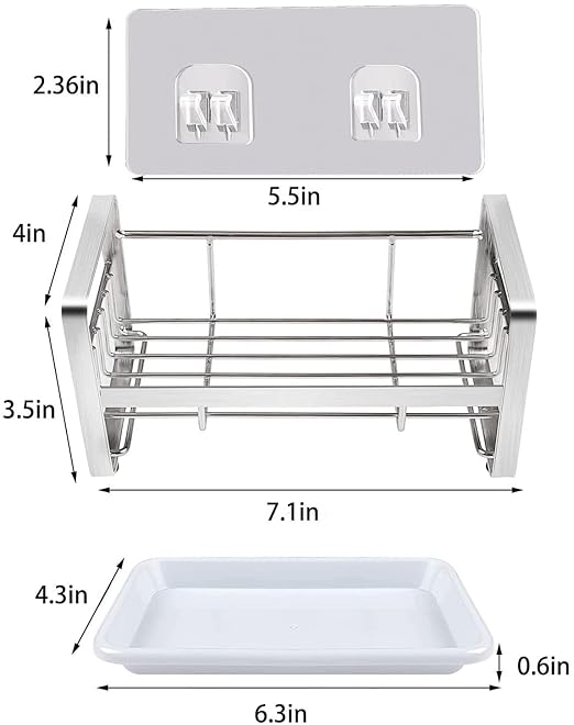 Zollyss Sponge Holder For Kitchen Sink Caddy Organizer Countertops And Walls Soap Tray Dish Drainer With Detachable Dish Drainer Tray(Stainless Steel, Silver)