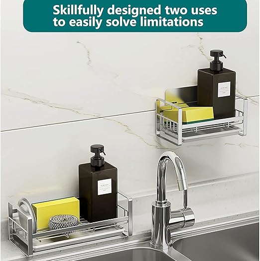 Zollyss Sponge Holder For Kitchen Sink Caddy Organizer Countertops And Walls Soap Tray Dish Drainer With Detachable Dish Drainer Tray(Stainless Steel, Silver)