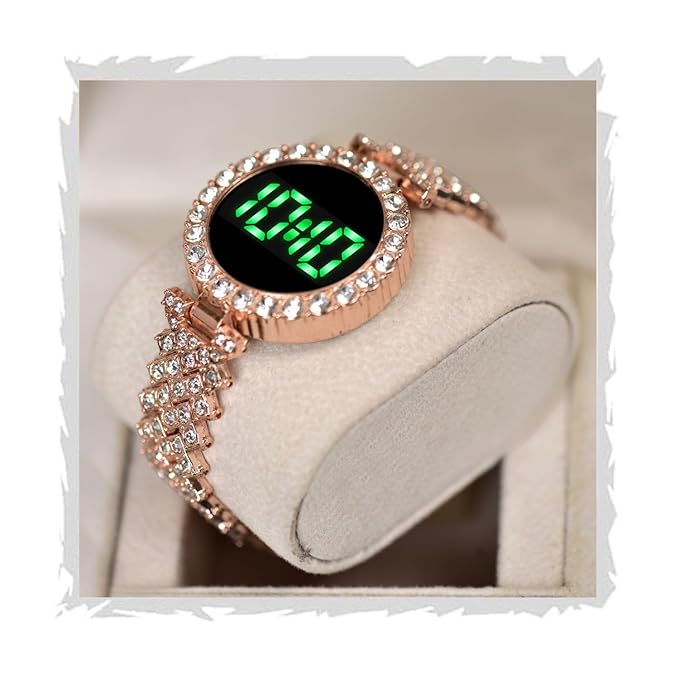 SWADESI STUFF Diamond Studded Round Dial Touch Screen LED Digital Watch for Women