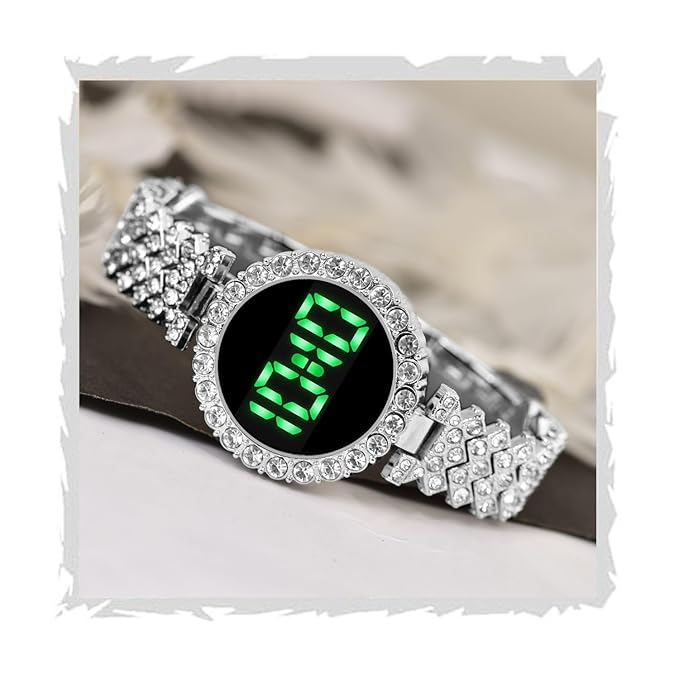 SWADESI STUFF Diamond Studded Round Dial Touch Screen LED Digital Watch for Women