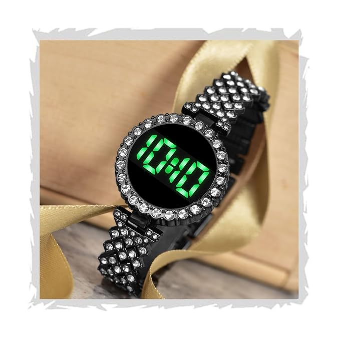 SWADESI STUFF Diamond Studded Round Dial Touch Screen LED Digital Watch for Women