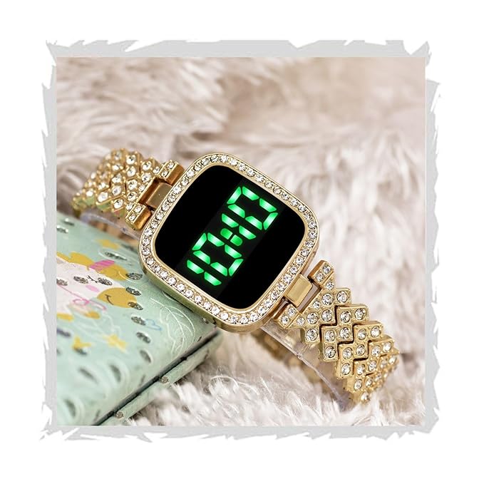 SWADESI STUFF Diamond Studded Square Dial Touch Screen LED Digital Watch for Women