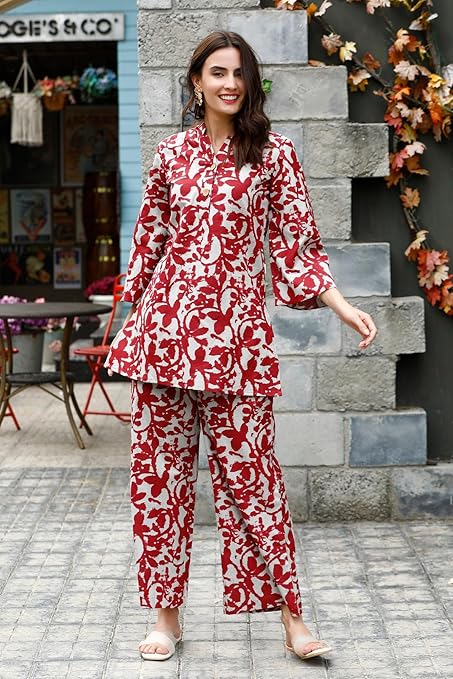 LookMark Women's Latest Printed Cotton Blend Straight Kurta and Palazzo Pant Set