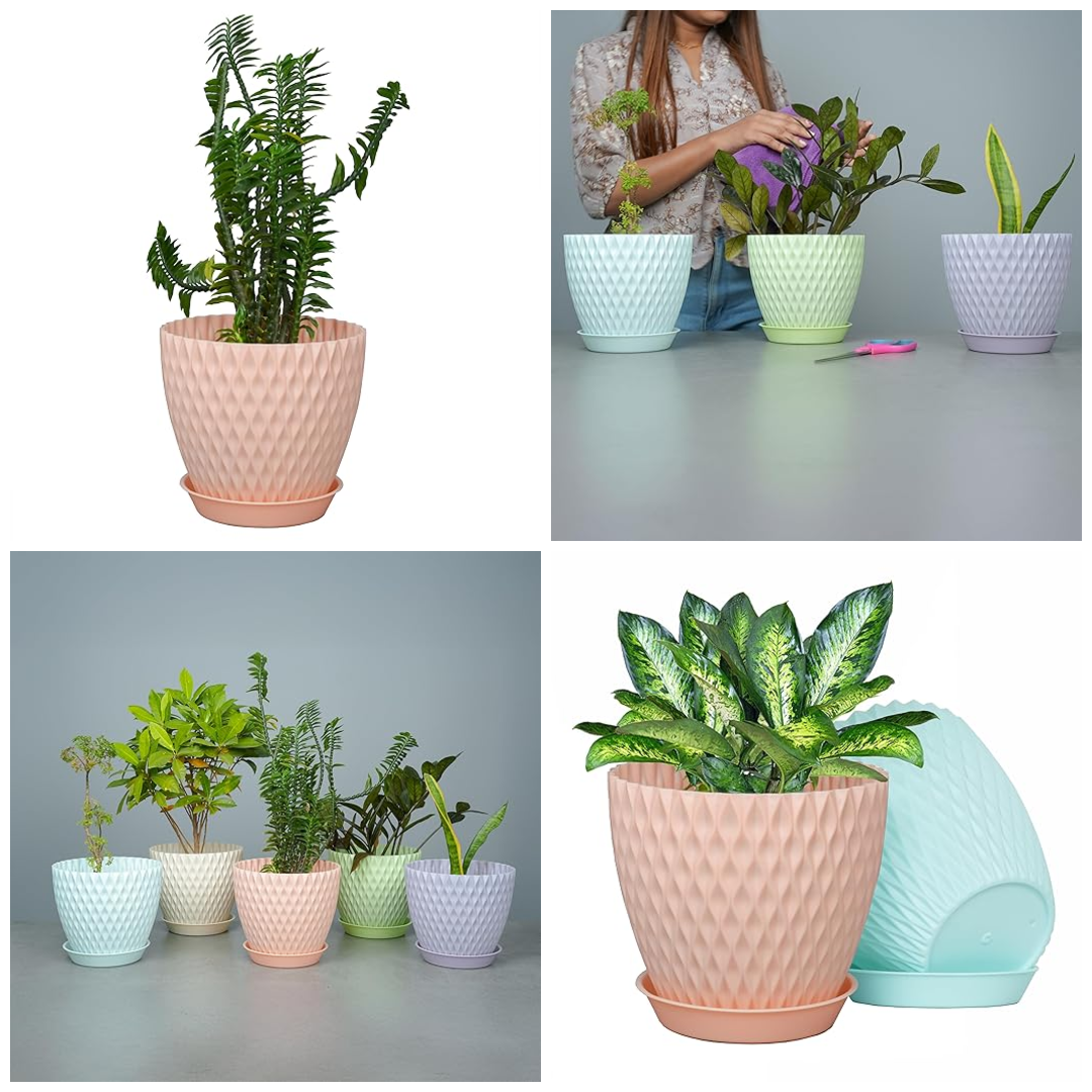JRM Plastic Round Flower Pots for Plants Indoor & Outdoor Planters with Bottom Tray for Home, Terrace, Garden,