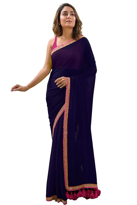 SWADESI STUFF Georgette Saree with Latkan Work, Satin Blouse, Yellow and Pink