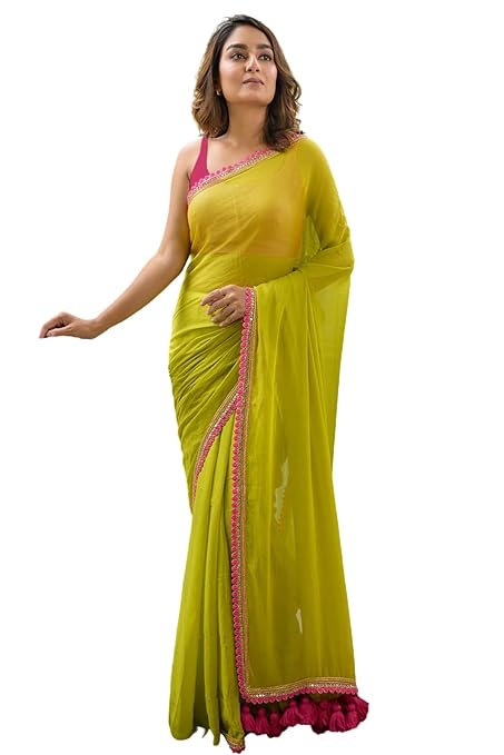 SWADESI STUFF Georgette Saree with Latkan Work, Satin Blouse, Yellow and Pink