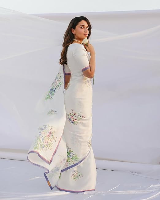 SWADESI STUFF Women's Faux Georgette Floral Digital Print Saree with Satin Blouse (WHITE)