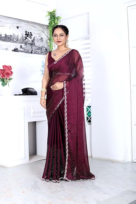 SWADESI STUFF Satin Saree with Jarkan and Swarovski Glass Stone Work, Banglory Satin Blouse for Women