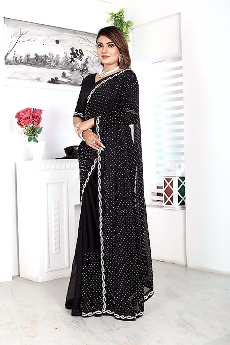 SWADESI STUFF Satin Saree with Jarkan and Swarovski Glass Stone Work, Banglory Satin Blouse for Women