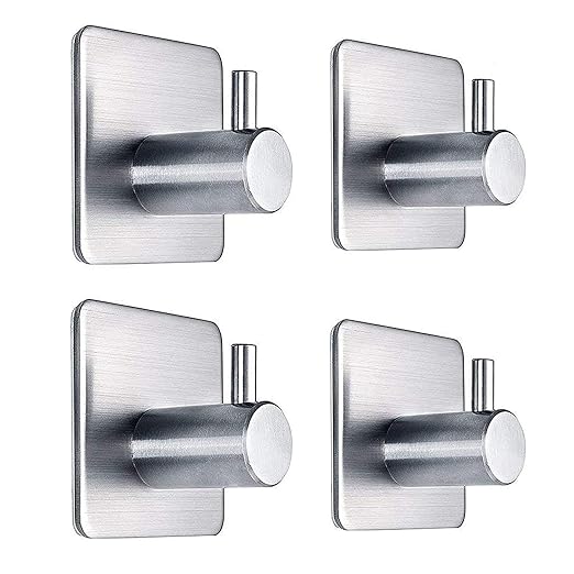 Zollyss Adhesive Hooks Heavy Duty Wall Hooks Waterproof Stainless Steel Hooks for Hanging Coat, Hat, Towel Robe Hook Rack Wall Mount- Bathroom and Bedroom - 4 Pieces