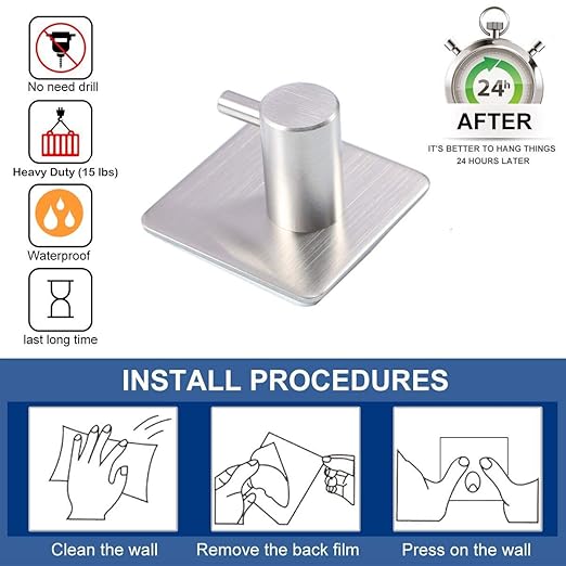 Zollyss Adhesive Hooks Heavy Duty Wall Hooks Waterproof Stainless Steel Hooks for Hanging Coat, Hat, Towel Robe Hook Rack Wall Mount- Bathroom and Bedroom - 4 Pieces