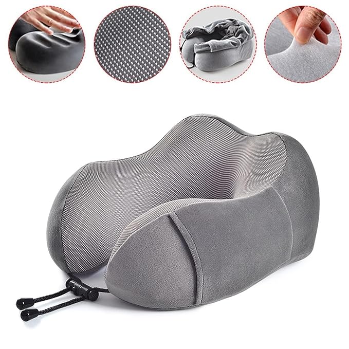 Topinon Neck Pillow for Travel - Travel Pillow for Flights - Travelling Accessories for Train - Neck Support Pillow for Car - Neck Rest for Sleeping - Memory Foam Pillows for Men Woman (Grey)