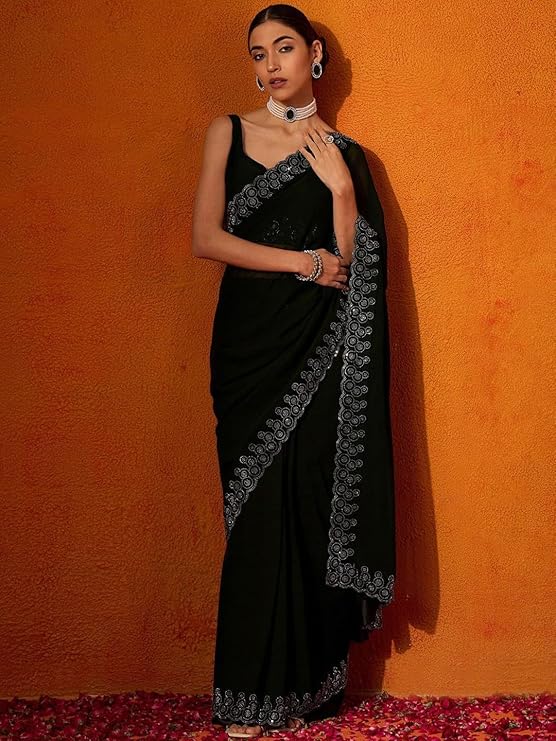 SWADESI STUFF Georgette Saree with Banglory Silk Blouse & Stunning Crystal Fix Embellishments - Indian Ethnic Wear for Women (MULTICOLOR) $