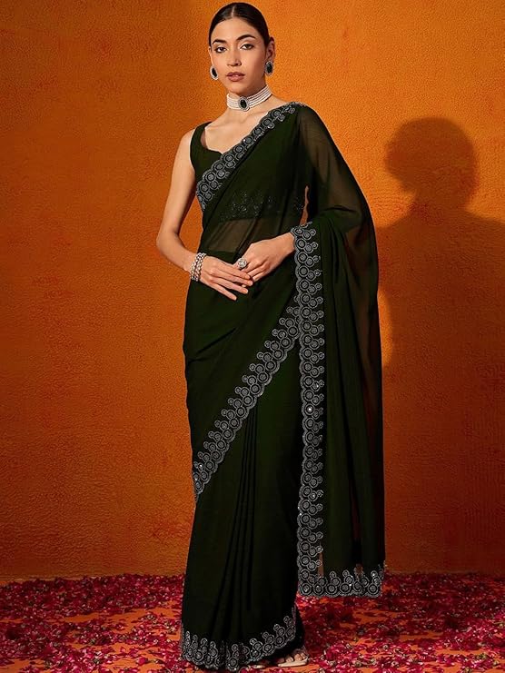 SWADESI STUFF Georgette Saree with Banglory Silk Blouse & Stunning Crystal Fix Embellishments - Indian Ethnic Wear for Women (MULTICOLOR) $