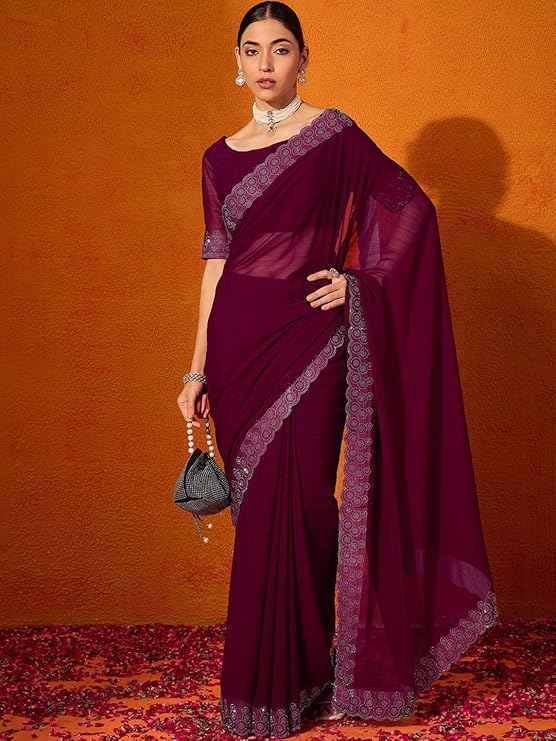 SWADESI STUFF Georgette Saree with Banglory Silk Blouse & Stunning Crystal Fix Embellishments - Indian Ethnic Wear for Women (MULTICOLOR) $