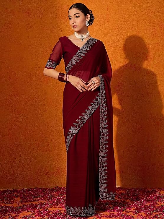SWADESI STUFF Georgette Saree with Banglory Silk Blouse & Stunning Crystal Fix Embellishments - Indian Ethnic Wear for Women (MULTICOLOR) $
