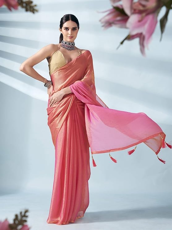 SWADESI STUFF Two Tone Poly Chiffon Saree with Unstiched Blouse - Elegant Indian Ethnic Wear for Women