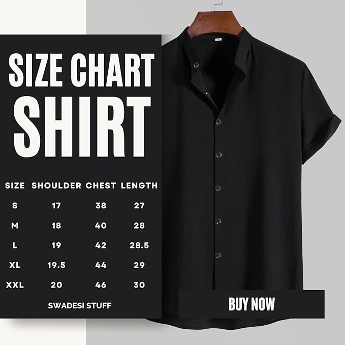 SWADESI STUFF Men's Regular Fit Polycotton Casual Chinese Collar Half Sleeve Solid Color Shirt