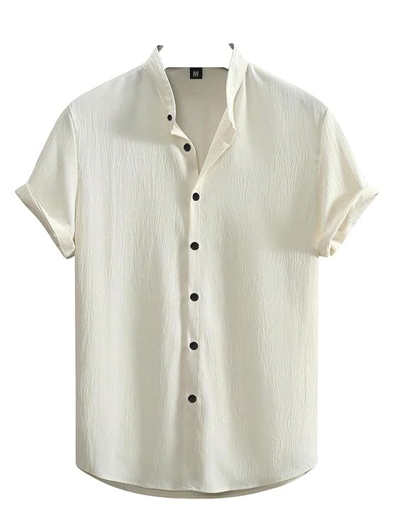 SWADESI STUFF Men's Regular Fit Polycotton Casual Chinese Collar Half Sleeve Solid Color Shirt