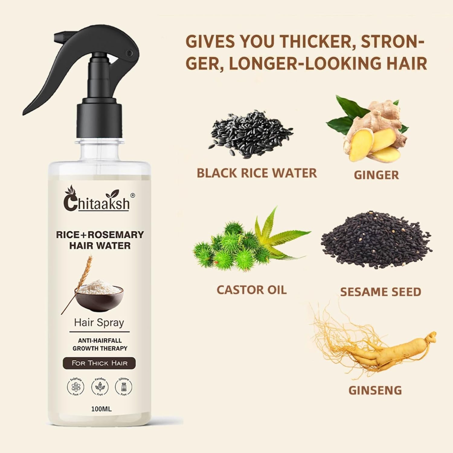Chitaaksh Hair Spray with Natural Rosemary Extract & Rice Water | For Hair Care, Conditioning, and Shine | Suitable for Men & Women | 100ml