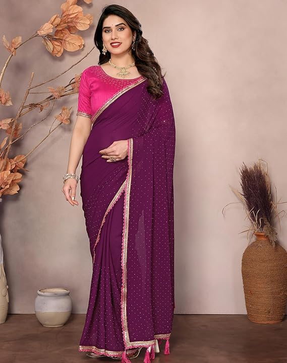 Yashika Women's Solid Color Georgette Zari Work Saree With Lace and Unstitched Blouse Material